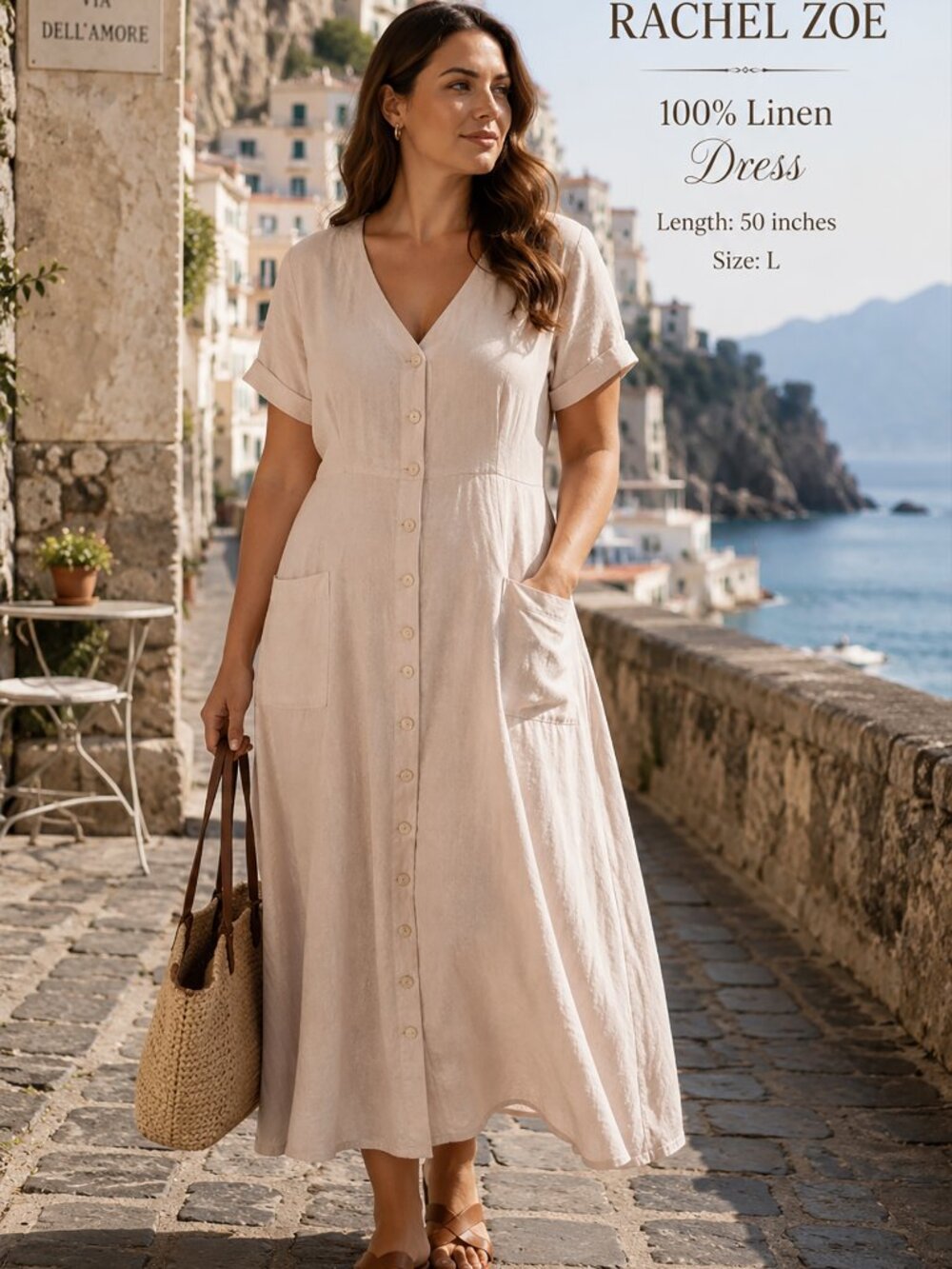 Rachel Zoe 100% Linen Button Front Midi Maxi Dress L Blush Pink Pockets NWT 50” - Picture 4 of 15